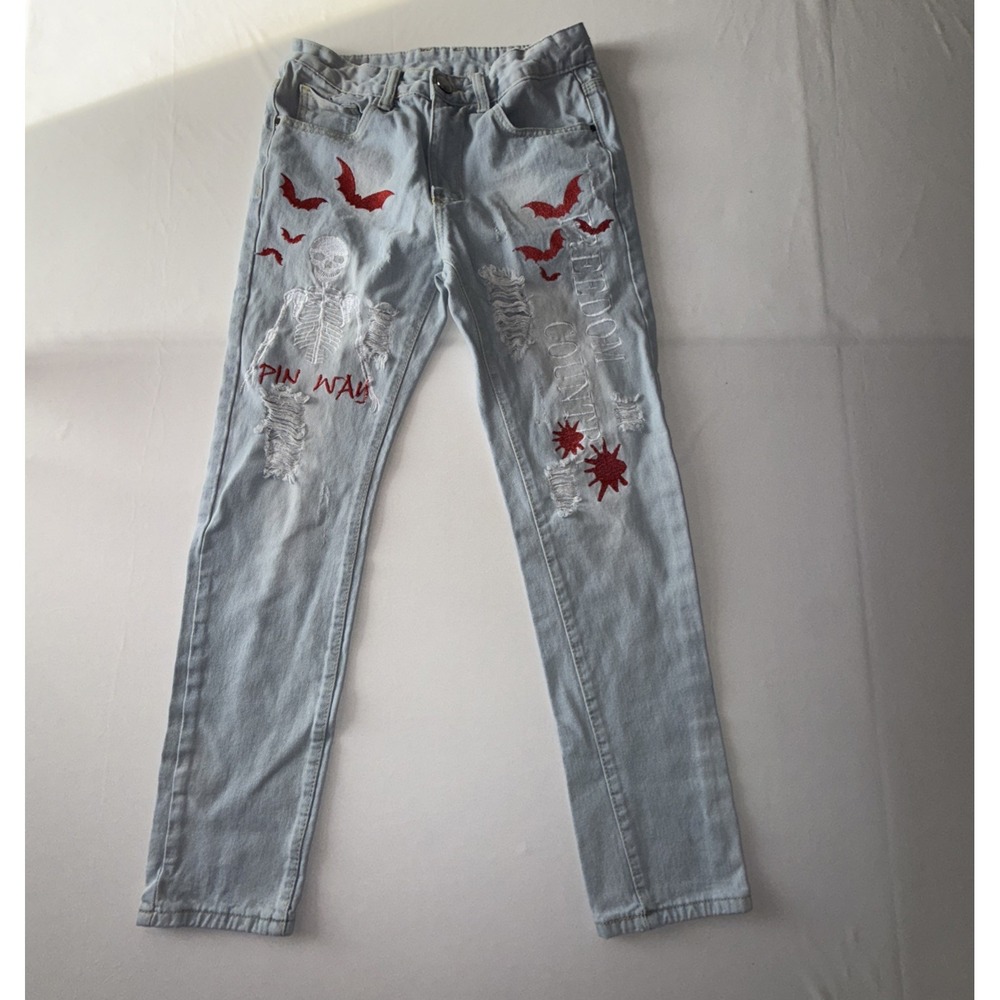 Mens Light Blue Denim Jeans With Red Bat & Skeleton Print Size 28 Streetwear‎